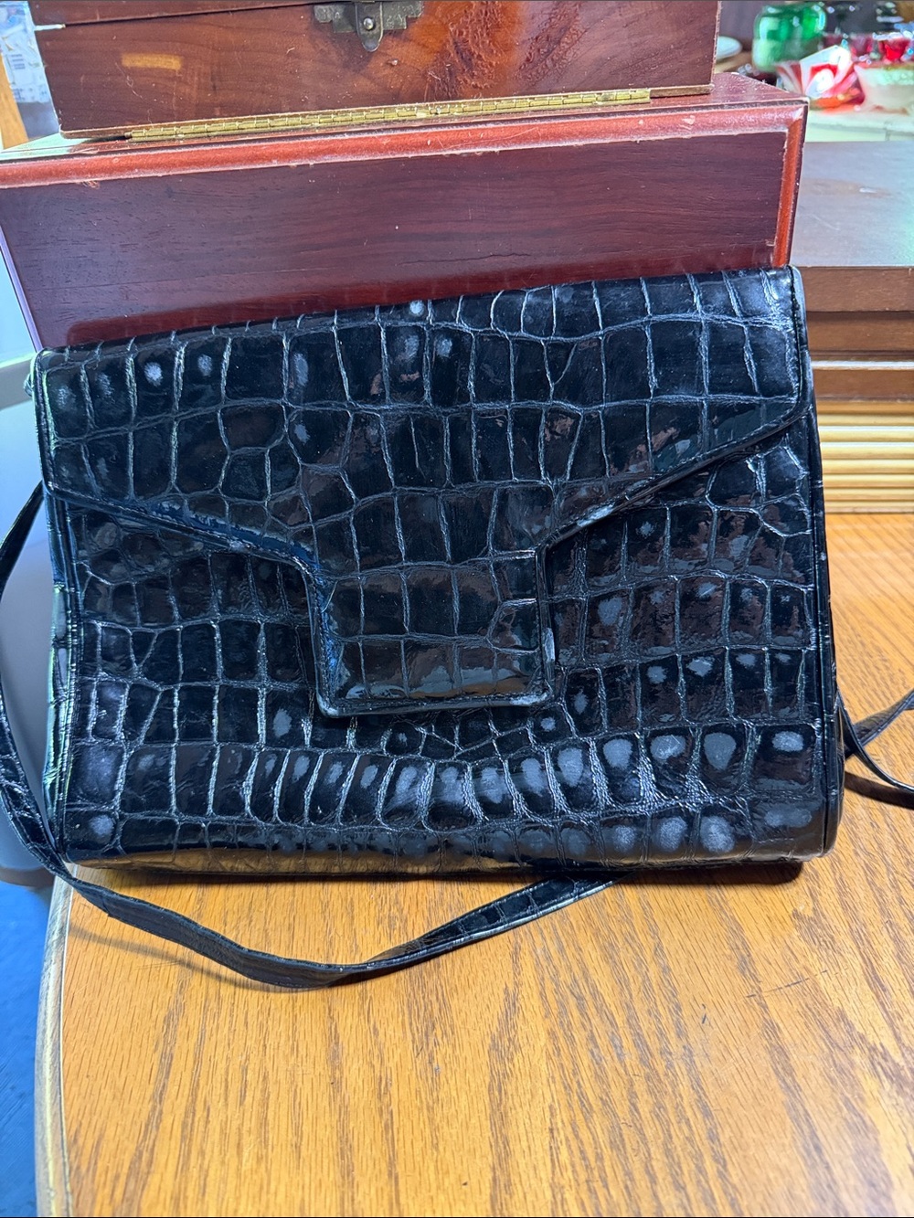 Stuart Weitzman Patent Croc-Embossed Black Crossbody
